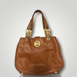 Michael Kors Hobo Shoulder Bag Brown Pebbled Leather Fulton Chain Medium
